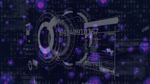 Abstract digital interface displays a variety of holographic graphics overlaid with binary codes. Ideal for representing technology, coding, machine learning, artificial intelligence, and data visualization themes. Suitable for tech presentations, educational materials, websites, and articles on computer science and futuristic designs.