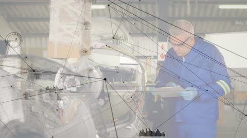 Aviation Mechanic Analyzing Aircraft with Digital Network Overlay