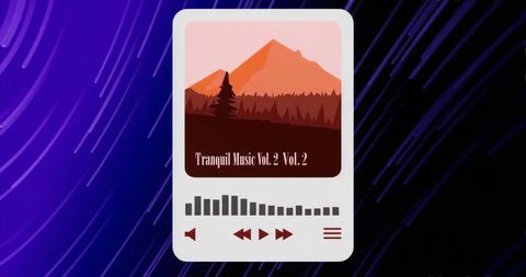 Displaying minimalist digital music player card with mountain album art and equalizer