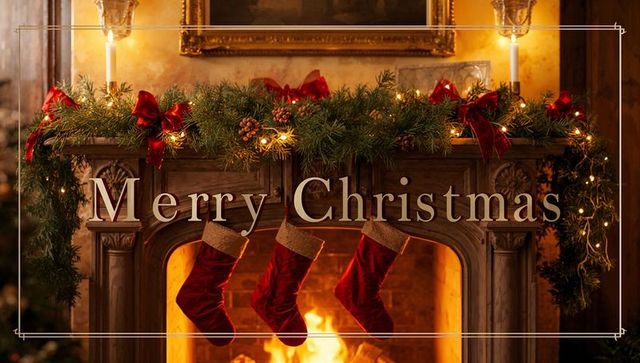 Cozy christmas mantel with garland, candles, three stockings and roaring fireplace glow