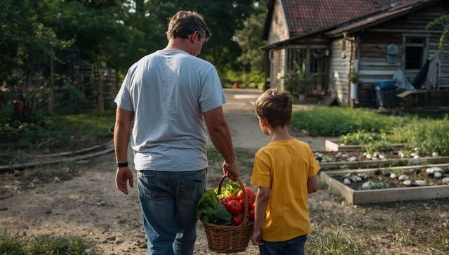 Father and son carrying wicker basket of fresh peppers and greens along rustic farm path