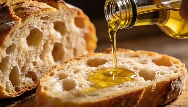 Drizzling olive oil on crusty artisan bread slice with golden gloss