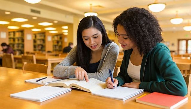 Two female students studying together in university library, taking notes and collaborating