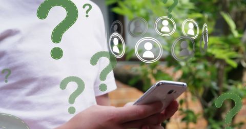 Caucasian Boy Using Smartphone with Floating Connection Icons