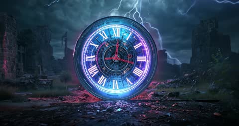 Futuristic Neon Clock Amidst Ancient Ruins with Lightning