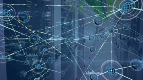 Global Digital Network with Data Icons over Cityscape