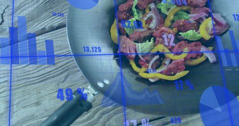 Sautéed meat and vegetable skillet with blue analytics overlay and graphs