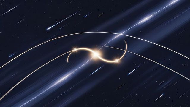Infinity shaped cosmic arcs with meteor streaks in outer space