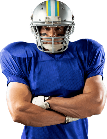 Caucasian american football player in transparent blue uniform arms crossed
