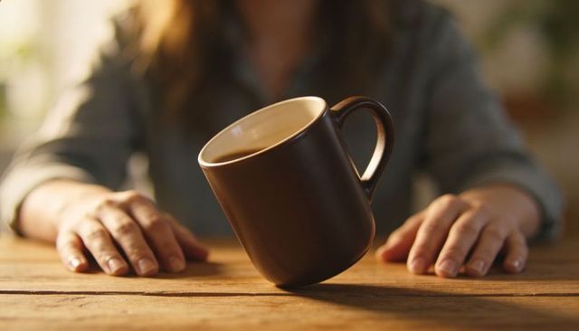 Tilting brown ceramic coffee mug balancing on rustic wood table with woman's hands