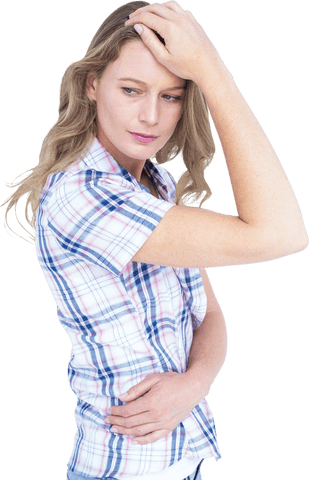 Caucasian Woman Touching Head in Thoughtful Pose Transparent Background
