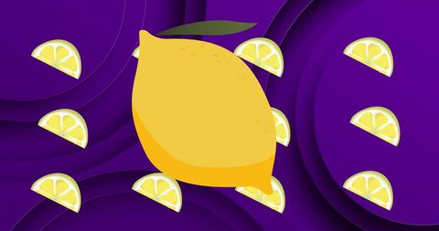 Vibrant lemon and slices on bold purple background