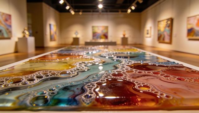 Displaying glossy resin art panel with multicolor pigments and bubble texture in gallery