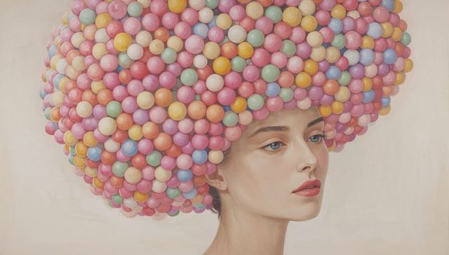Surreal portrait featuring pastel bubble afro hair, fashion illustration colorful beads