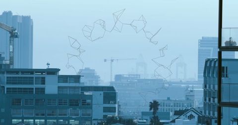 Futuristic Digital Shapes Over Modern Urban Skyline