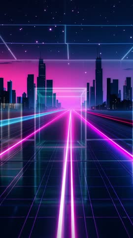Neon Grid Highway Converging Toward Cyberpunk Skyline Vertical Looping Futuristic Video