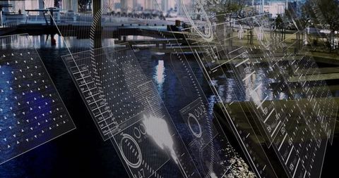 Futuristic Digital Data Panels Over Waterfront at Night