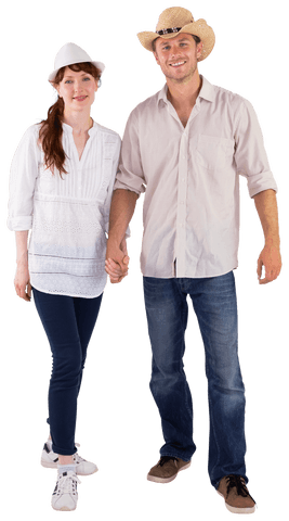 Smiling couple wearing hats on white transparent background