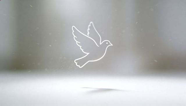 Minimalist white dove line art floating above surface with soft glow, particles, serenity