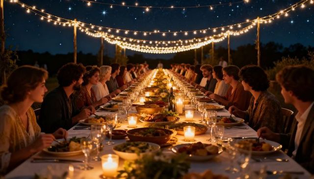 Rustic alfresco banquet under string lights celebrating communal dinner and candlelight