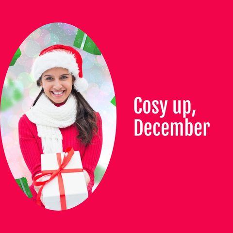 Festive celebration with smiling woman holding a holiday gift