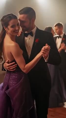 Camera zooming on dancing couple in tuxedo and purple gown during gala waltz - vertical video