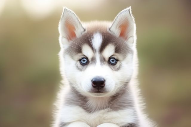 Portrait of cute siberian husky puppy in nature, created using generative ai technology. Animal, puppy, pet and dog concept digitally generated image.