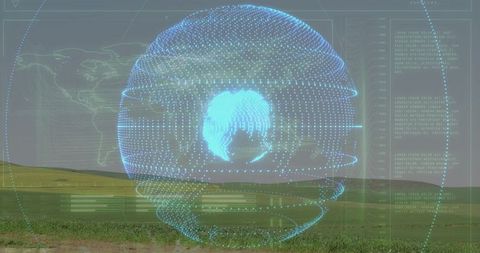 Holographic Data Sphere Projecting Over Rural Grassland, Futuristic HUD Overlay