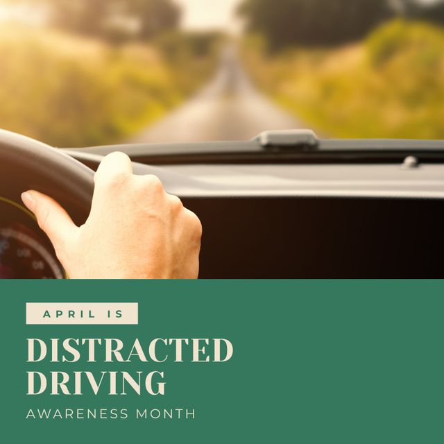 April is distracted driving awareness month text and cropped hand of caucasian person driving car. Composite, copy space, steering wheel, travel, transportation, protection and prevention concept.