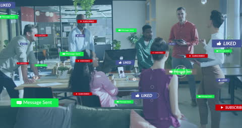 Team Collaboration Amidst Social Media Notifications in Modern Office