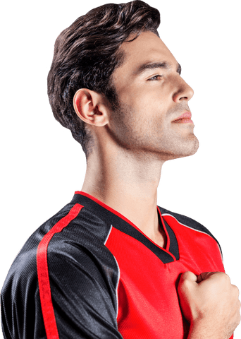 Determined Soccer Player with Red Jersey on Transparent Background