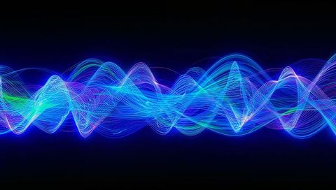 Interwoven neon waveforms streaming across dark space, glowing blue cyan violet