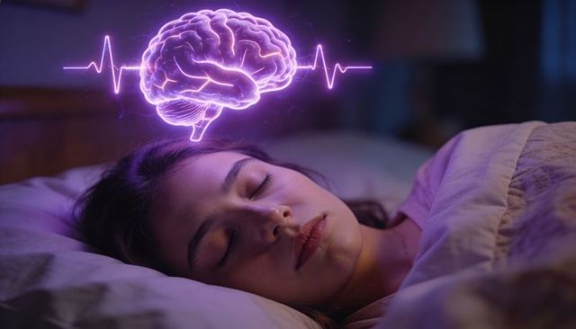 Sleeping teenager dreaming with glowing holographic brain and heartbeat wave above head