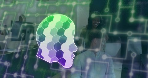 Connecting ai hex head silhouette with circuit overlay in futuristic office collaboration