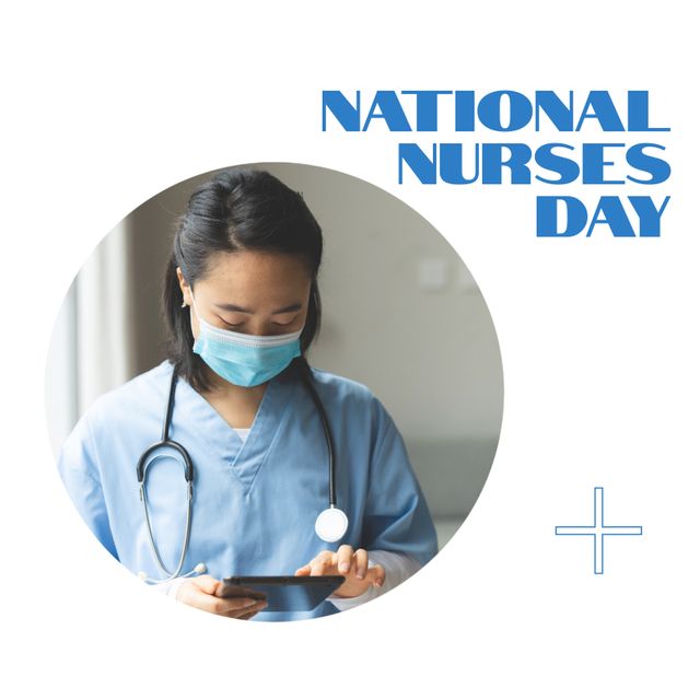 Asian Female Nurse with Stethoscope Using Tablet for National Nurses Day - Download Free Stock Templates Pikwizard.com