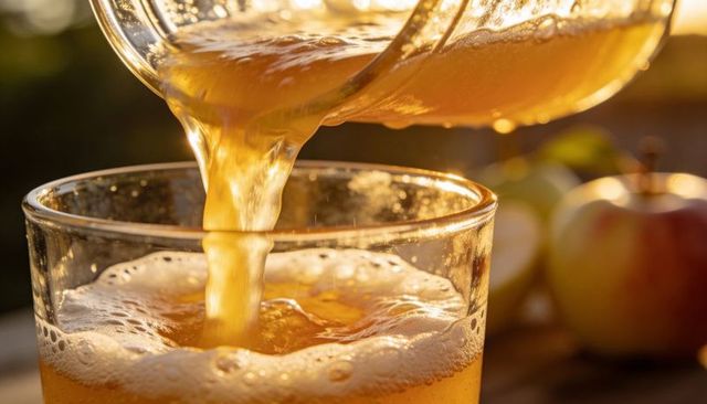 Pouring fresh apple cider into glass at golden hour with bubbly foam