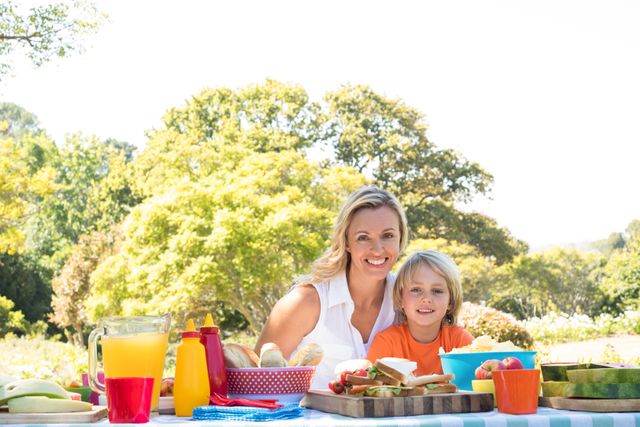 Mother and son enjoying a picnic in a park on a sunny day. They are surrounded by food and drinks, smiling and looking happy. Ideal for use in family-oriented advertisements, outdoor activity promotions, and articles about family bonding and outdoor fun.