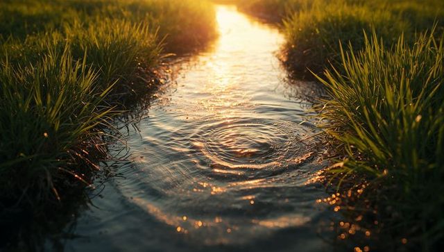 Tranquil water channel with golden sunset reflections