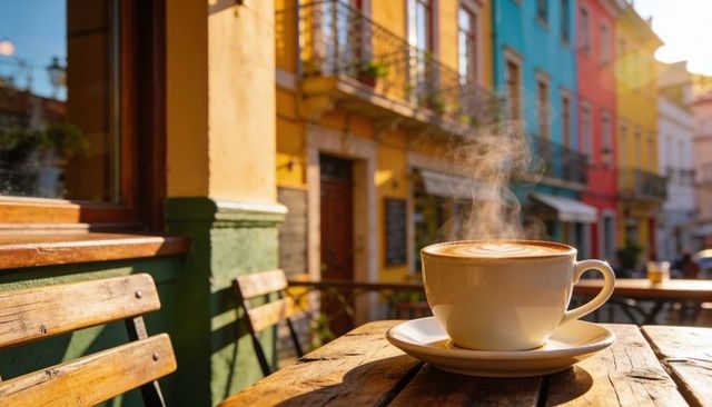 Steaming latte sitting on rustic wooden table at sunlit street cafe with colorful facades