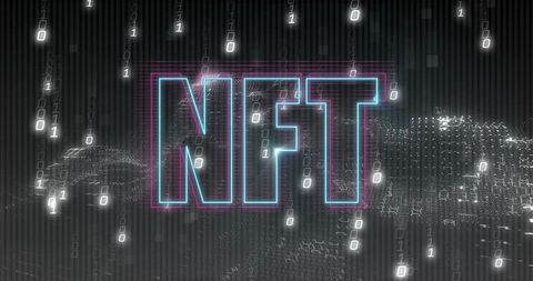 Glowing neon NFT lettering pulsing amid falling binary code and tech grid
