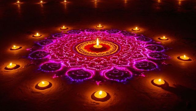 Vibrant diwali rangoli with diyas illuminating stone floor