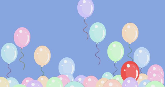 This vibrant depiction of floating balloons set against a blue background gives a joyful and celebratory feel, perfect for illustrational party planning, greeting cards, and festive event design. Use it to evoke feelings of celebration and fun in birthday invitations or children’s party flyers.