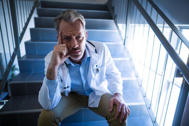 This image depicts a stressed doctor sitting on a hospital staircase, conveying emotions of worry and exhaustion. It can be used in articles or campaigns related to healthcare worker burnout, mental health awareness, the challenges faced by medical professionals, or the impact of stressful work environments in the healthcare industry.
