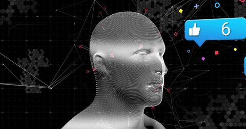 AI Dot-Mesh Human Head in Virtual Network Showing Social Like Notification