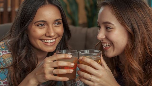 Female Friends Toasting on Cozy Sofa, Chatting and Laughing
