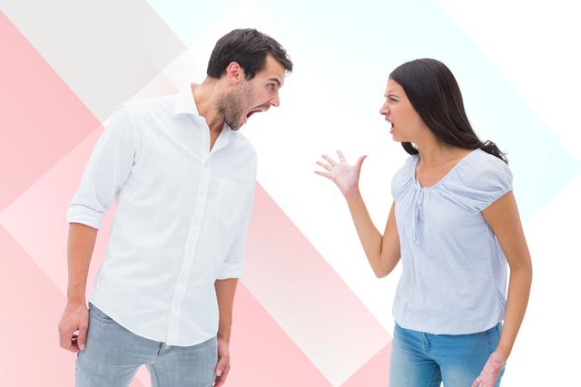 Digital composite of Couple arguing against colored background