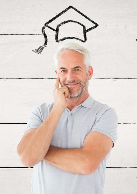 This image depicts a thoughtful senior man with a graduation cap illustration above his head, symbolizing education and achievement. Ideal for use in educational materials, advertisements for lifelong learning programs, or articles on senior education and personal growth.