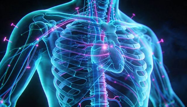 Translucent Human Thorax Showing Ribcage, Spine, Glowing Heart and Neon Vascular Network