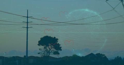 Falling hearts over high voltage lines with digital connections overlay
