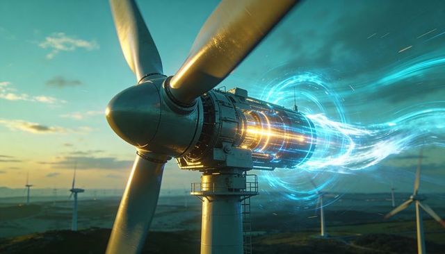 Wind turbine nacelle emitting blue energy vortex over sunset wind farm futuristic concept